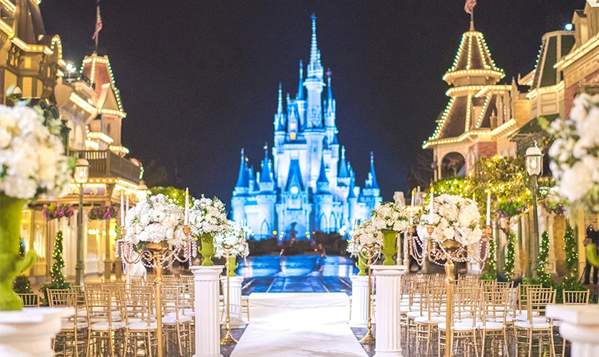 Wedding ceremony on Main Street, U.S.A., with Cinderella Castle in the background