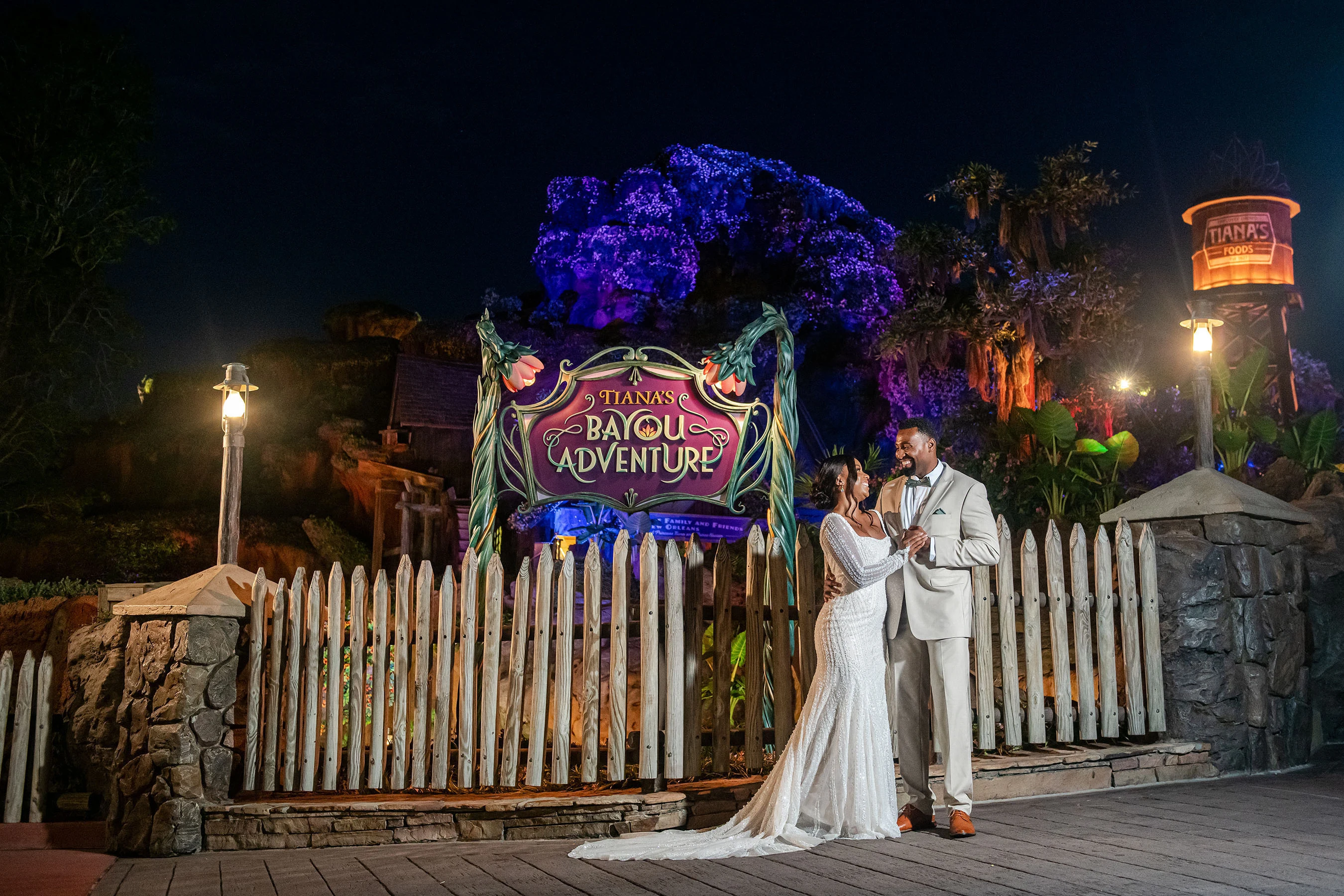 Newlyweds at Tiana's Bayou Adventure at Walt Disney World