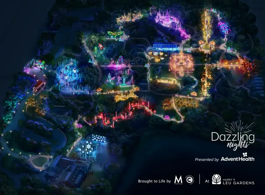 Mapa apresenta os locais iluminados dos jardins do Harry P. Leu Gardens durante o evento de Natal de Orlando em 2025
