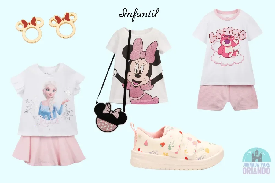 Roupas, calçados e brincos da Minnie e princesas da Disney