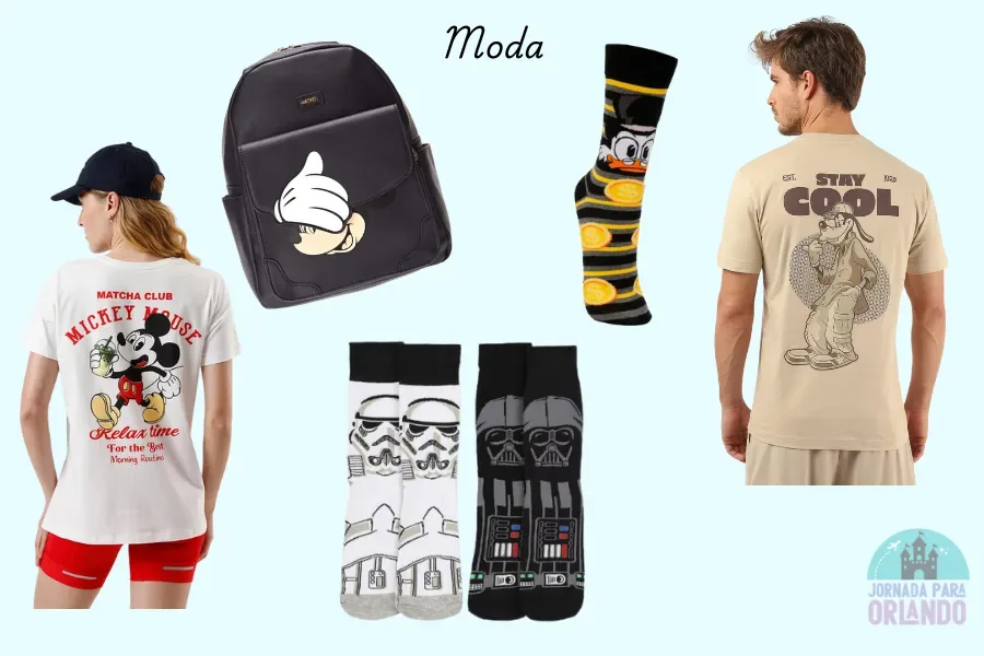 Imagem reúne itens de moda da Disney como camisetas, pijamas e bolsas