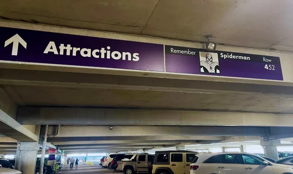 Theme sections with movie names at Universal Orlando Resorts parking lot in Orlando, Florida