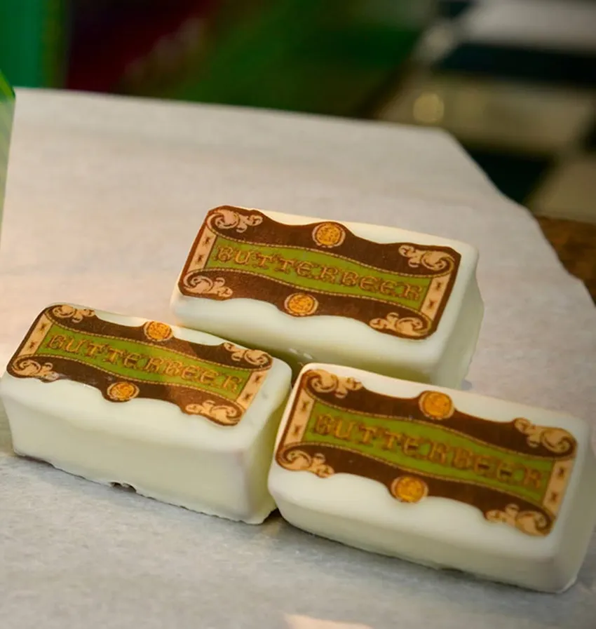 Butterbeer flavored cookie bars with chocolate coating found at Universal Orlando