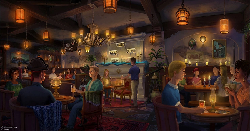Conceptal art of the new Caribbean Pirate-inspired bar in the Adventureland area at Magic Kingdom