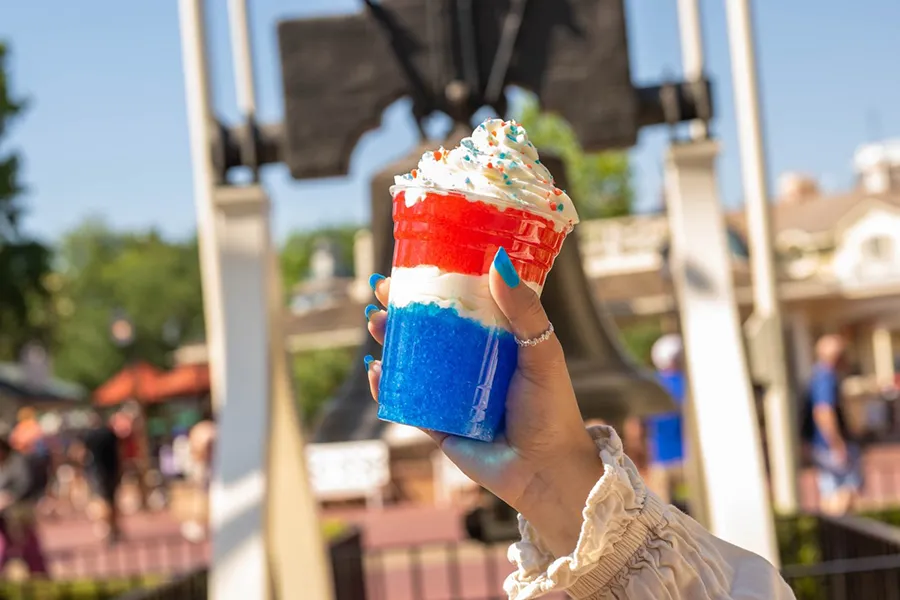 Cold drink with the colors of the American flag to celebrate the Fourth of July holiday at Walt Disney World