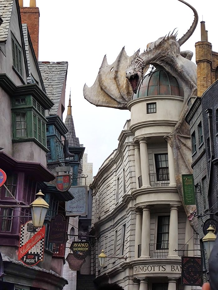 Diagonal Alley Area with highlight for the dragon at the top of the Gringotes bank, at Universal Studios Florida