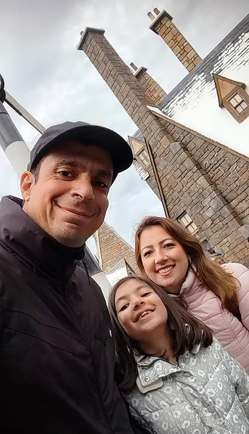 Family in front of the Diagonal Beak area at Universal Studios Florida