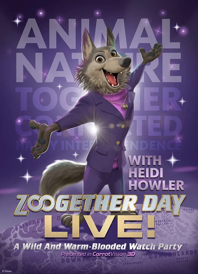 Cartaz oficial de la atracción Zootopia en Disney con el lobo Heidi