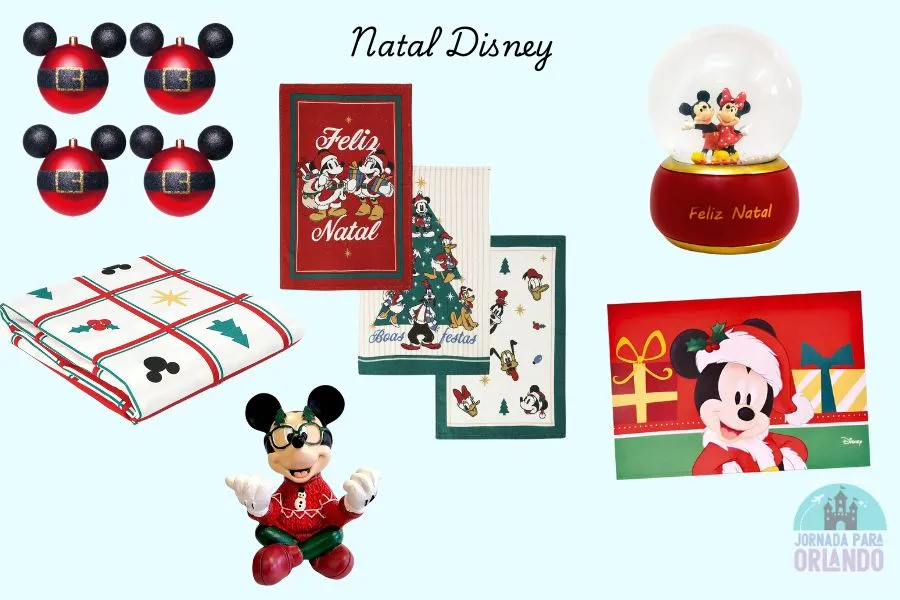 Artigos natalinos como bolas de Natal, toalhas e enfeites do Mickey