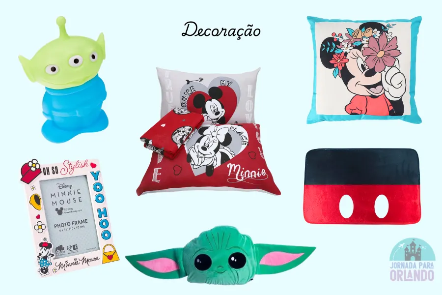 Itens de decoração como almofadas e porta retratos com temas da Disney são sugestões de presentes para fãs da marca