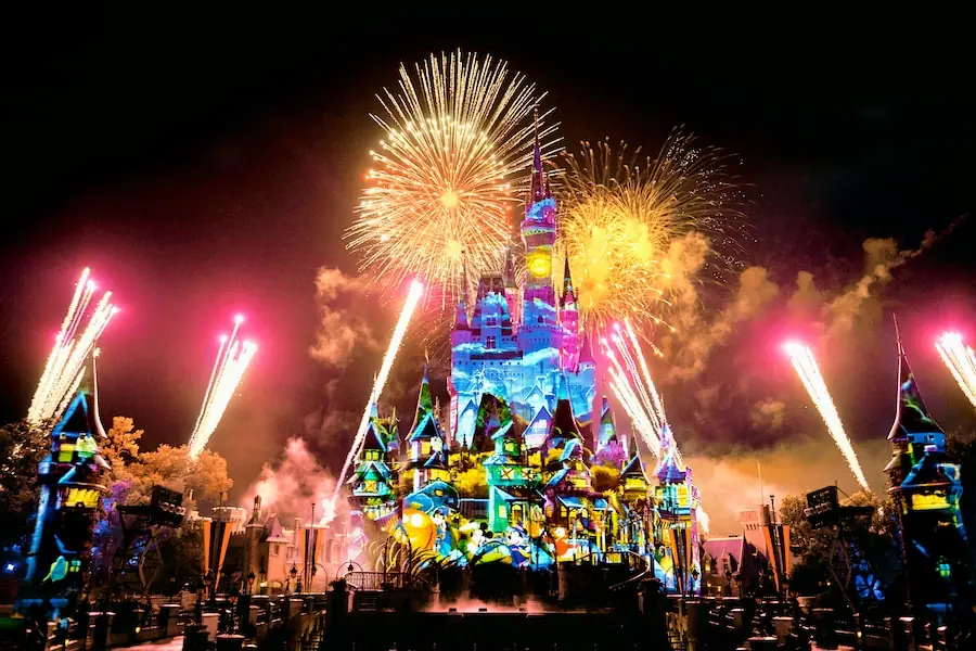Disney Show's Not-So-Spooky Spectacular with fireworks illuminate Cinderella's castle in Magic Kingdom