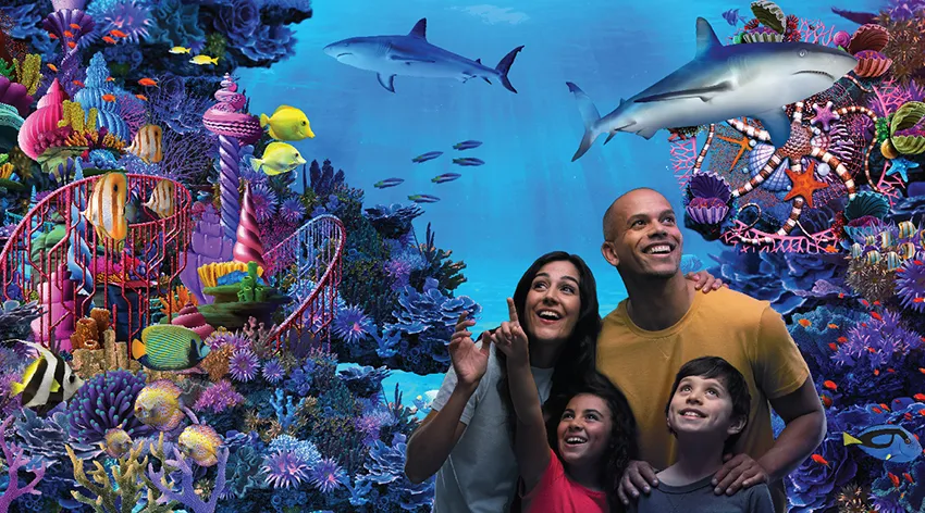 Família observa vida marinha no aquário do Sea Life Florida