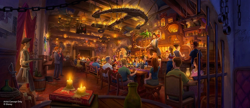 Arte conceitual do novo pub The Beak and Barrel inspirado no Piratas do Caribe, no Magic Kingdom
