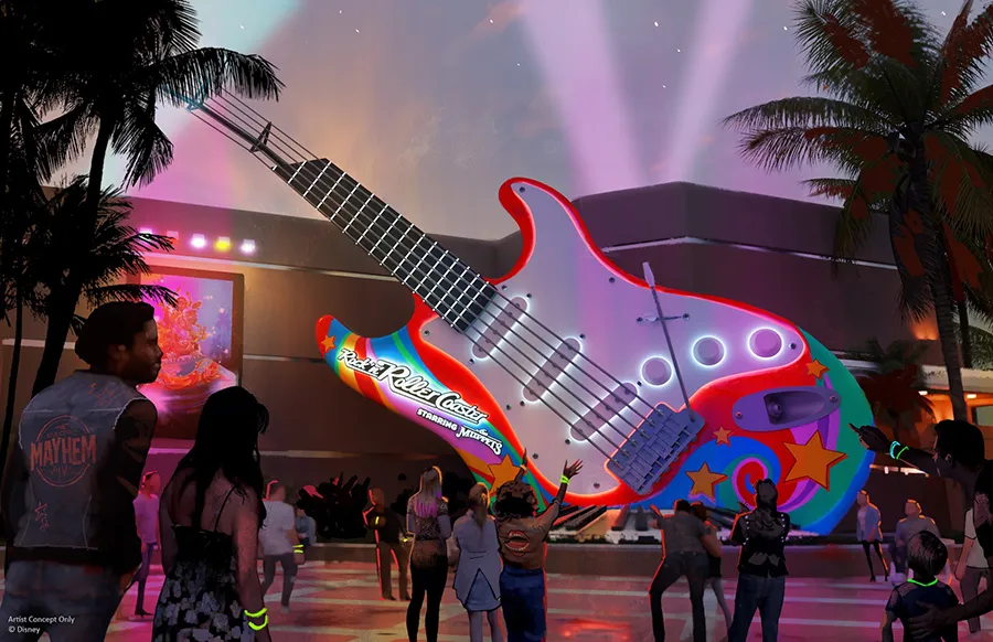 Renderização da Rock n Roller Coaster Muppets Disney com guitarra gigante redesenhada em estilo psicodélico.