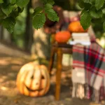 Arranjos de outono com cadeira, cobertor e abóbora