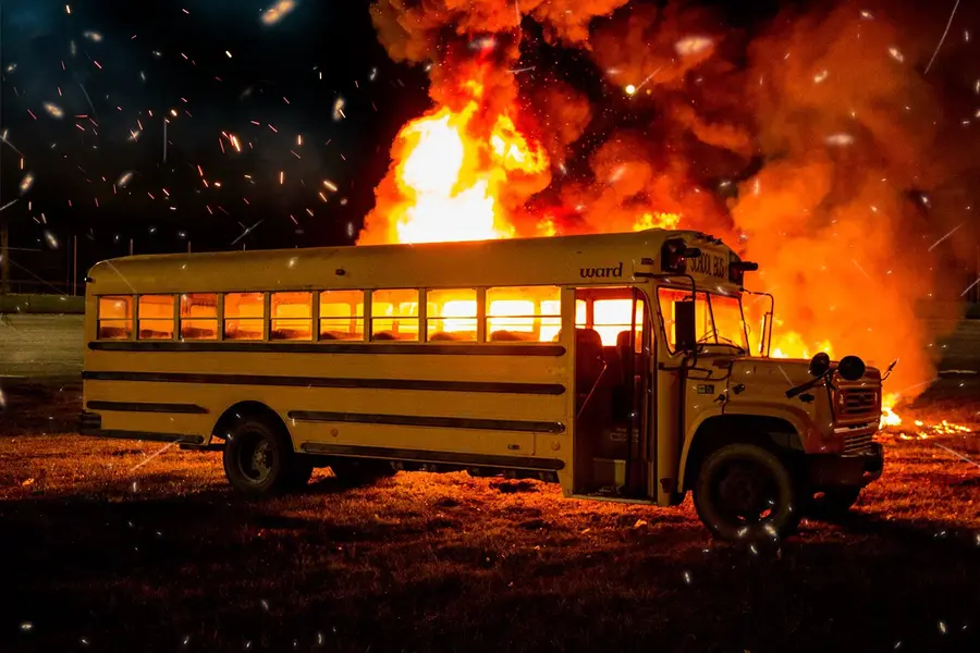 Ônibus escolar pega fogo durante uma corrida de carros insana