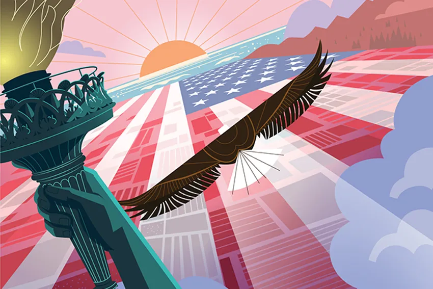 Cartaz novo Soarin' mostra sobrevoo sobre bandeira americana e estátua da liberdade
