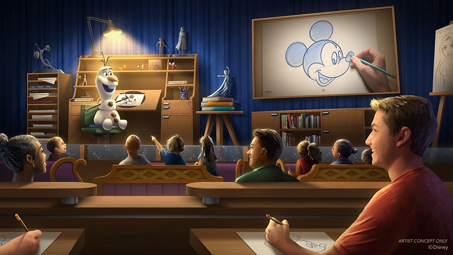 Imagem conceitual de Olaf Draws!, a nova atração da Disney Hollywood Studios