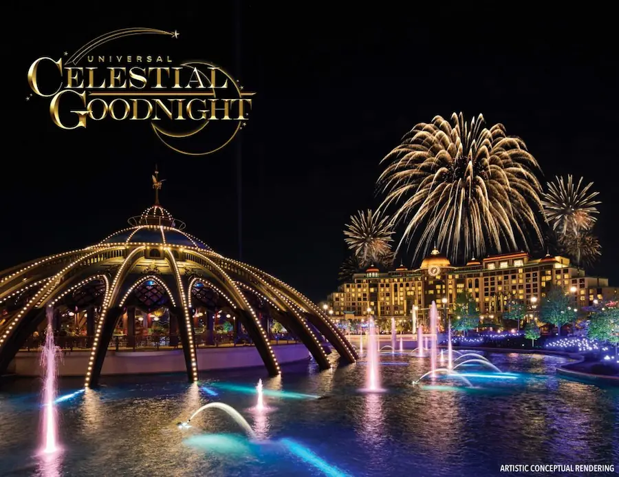 Arte digital do novo show noturno Universal Celestial Goognight que começa em julho de 2026 no Epic Universe
